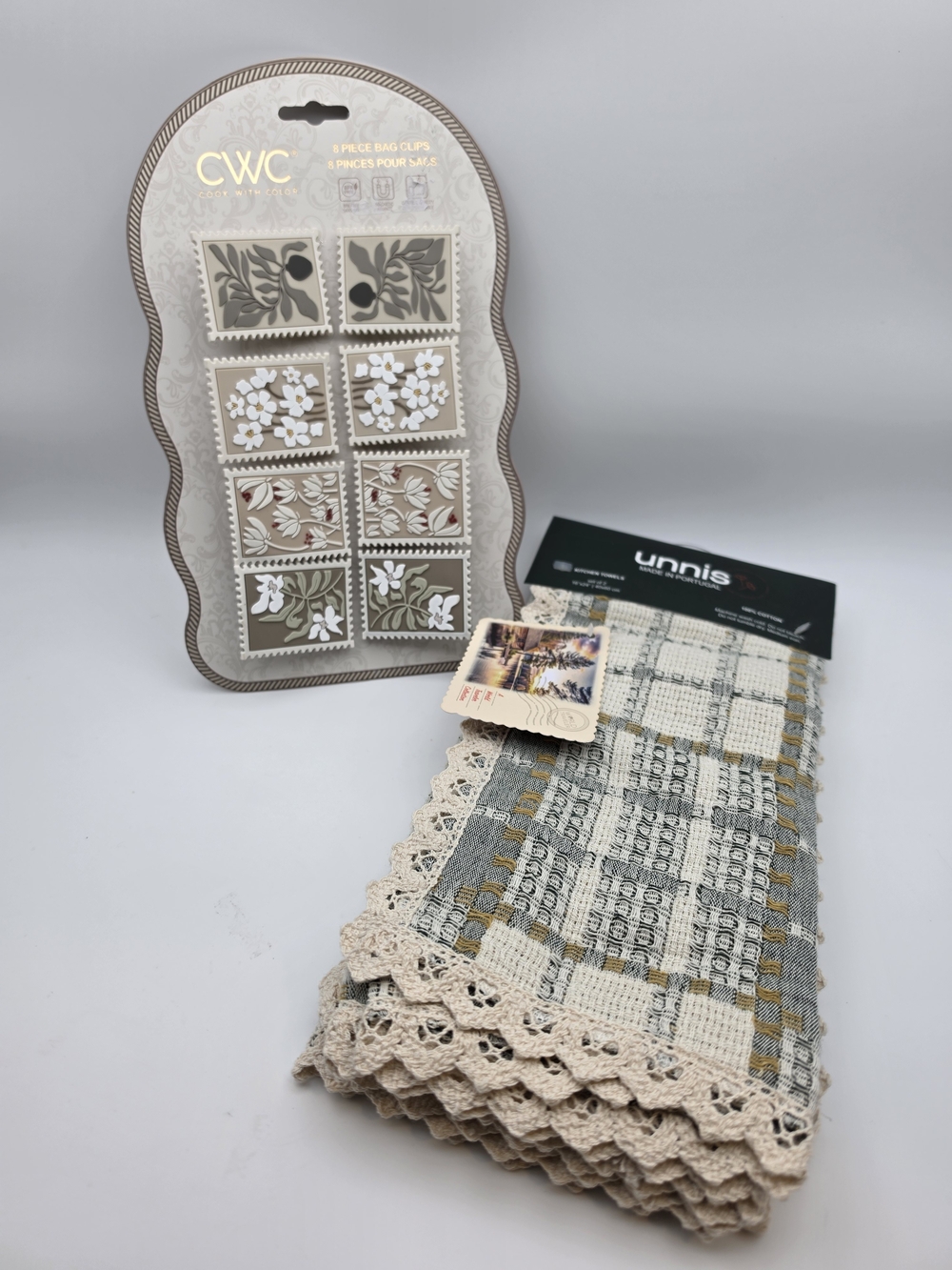 CWC Beige & Gray Floral Magnet Set and Unnis Beige Lace Kitchen Towels